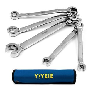 yiyeie flare nut wrench set, metric 5-piece, brake line wrench set 9, 10, 11, 12, 13, 14, 15, 17, 19, 21 mm, cr-v steel, with roll-up pouch