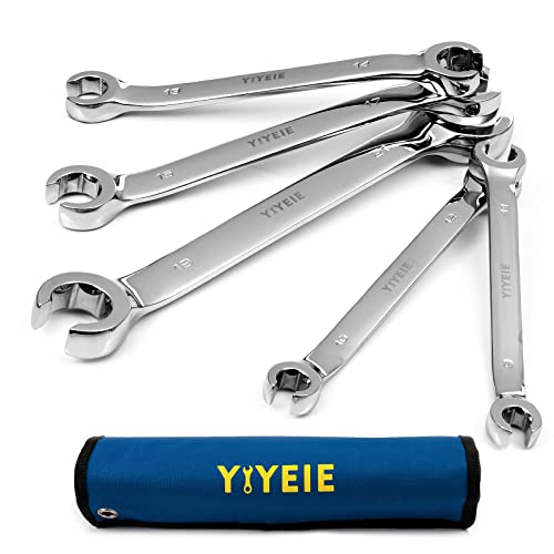 YIYEIE Flare Nut Wrench Set, Metric 5-Piece, Brake Line Wrench Set 9, 10, 11, 12, 13, 14, 15, 17, 19, 21 mm, CR-V Steel, with Roll-up Pouch