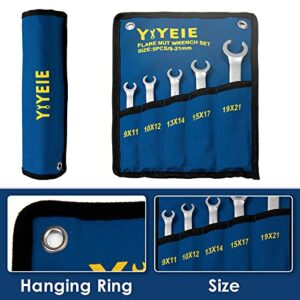 YIYEIE Flare Nut Wrench Set, Metric 5-Piece, Brake Line Wrench Set 9, 10, 11, 12, 13, 14, 15, 17, 19, 21 mm, CR-V Steel, with Roll-up Pouch