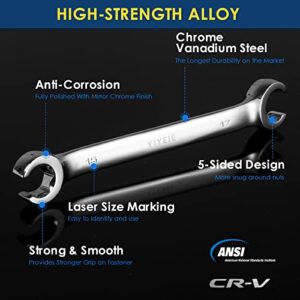 YIYEIE Flare Nut Wrench Set, Metric 5-Piece, Brake Line Wrench Set 9, 10, 11, 12, 13, 14, 15, 17, 19, 21 mm, CR-V Steel, with Roll-up Pouch