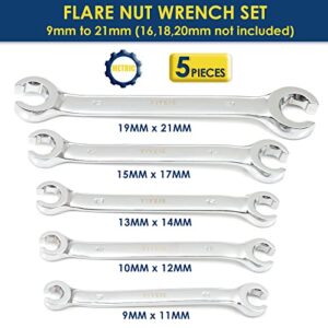 YIYEIE Flare Nut Wrench Set, Metric 5-Piece, Brake Line Wrench Set 9, 10, 11, 12, 13, 14, 15, 17, 19, 21 mm, CR-V Steel, with Roll-up Pouch