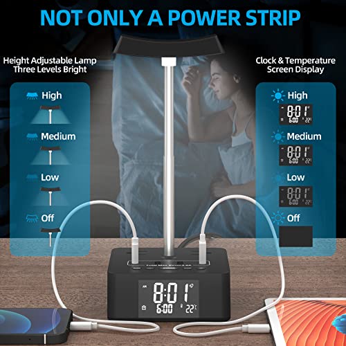 Alarm Clock Lamp with USB Charger Digital Clock with USB C Ports and Outlets Power Strip Charging Station for Home, Hotel, Office (LED Display, On/Off Switch, DST Time)