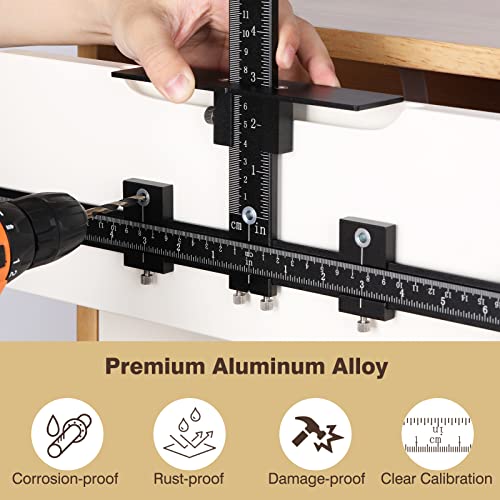 Roylvan Cabinet Hardware Jig Tool, Adjustable Punch Locator Drill Guide Jig, Aluminum Alloy Wood Drilling Dowelling Tools, Drawer Cabinet Woodworking Template Jig for Handles Knobs Pulls, Black