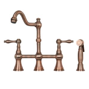 two-handles bridge kitchen faucet with side sprayer (antique copper)