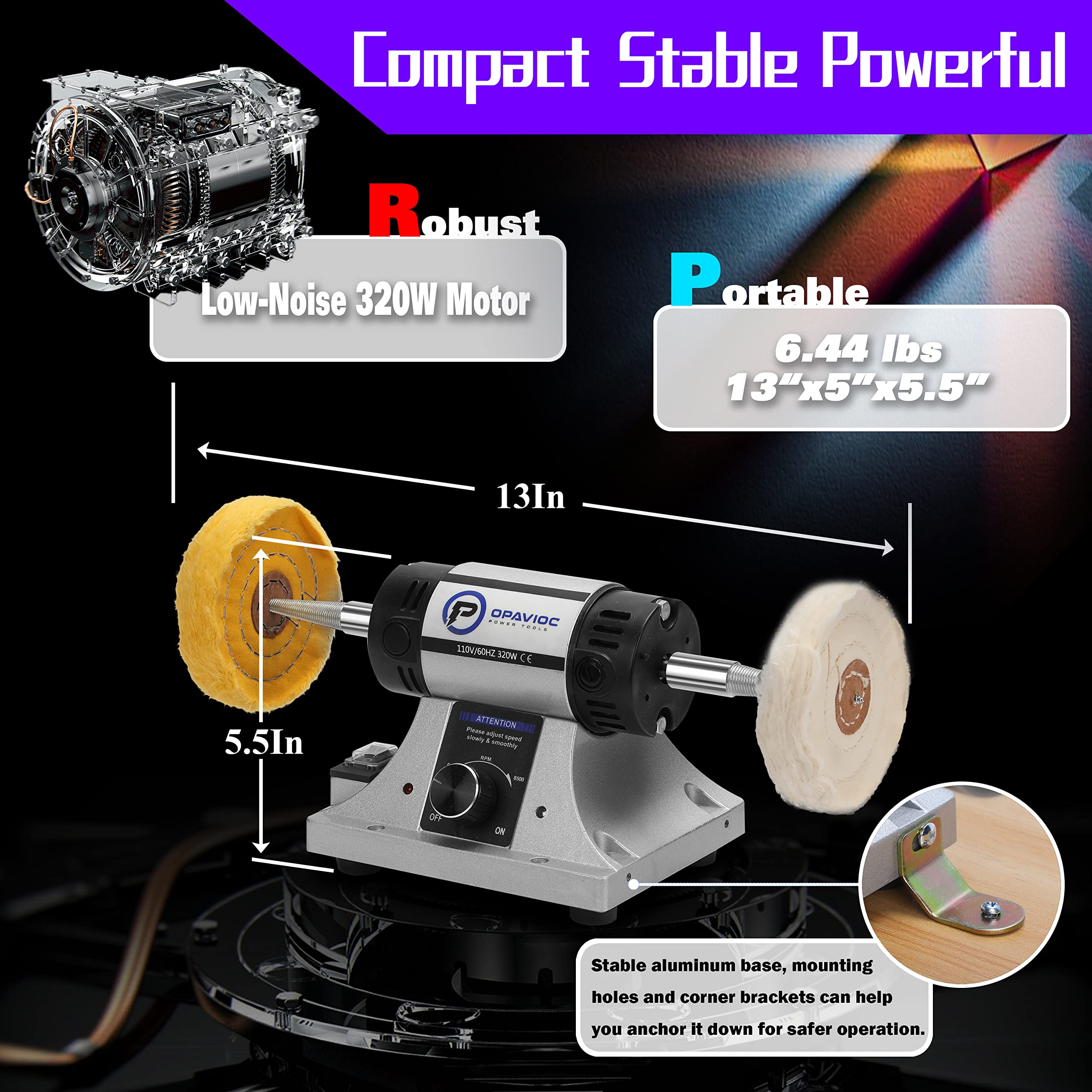 OPAVIOC Jewelry Polisher - Adjustable Variable Speed Bench Grinder Polishing & Buffing Machine, Dental Buffer & Lathe - Includes 2 Cotton Buffs, 2 Abrasive Fiber Wheels, Safety Glass, Polish Compound