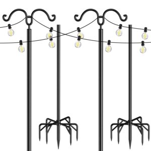 outdoor string light pole 2 pack, 7-prong backyard steel patio light poles with 2 optional hooks and fence brackets for deck garden holiday wedding