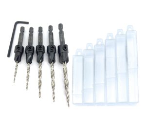 ftg usa wood countersink drill bit set 5 pc countersink drill bit #4, 6, 8, 10, 12, tapered drill bits with 1/4" hex shank quick change, allen wrench, and 6 pc storage containers
