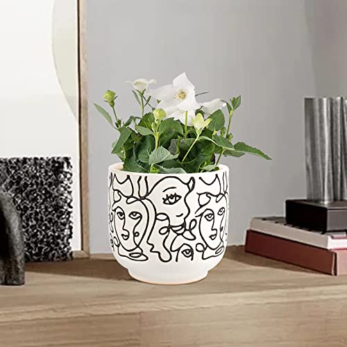 Gohearin Ceramic Planter - 6.6+5.4 Inch Flower Pot W/Drain Hole forIndoor or Outdoor, Gardening Decoration Gift -Face Image Flowerpot - Set of 2