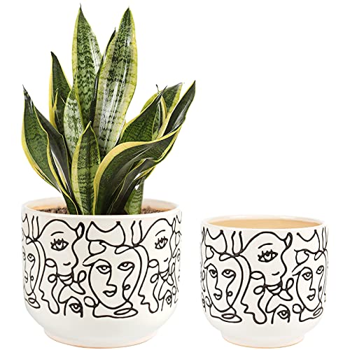 Gohearin Ceramic Planter - 6.6+5.4 Inch Flower Pot W/Drain Hole forIndoor or Outdoor, Gardening Decoration Gift -Face Image Flowerpot - Set of 2