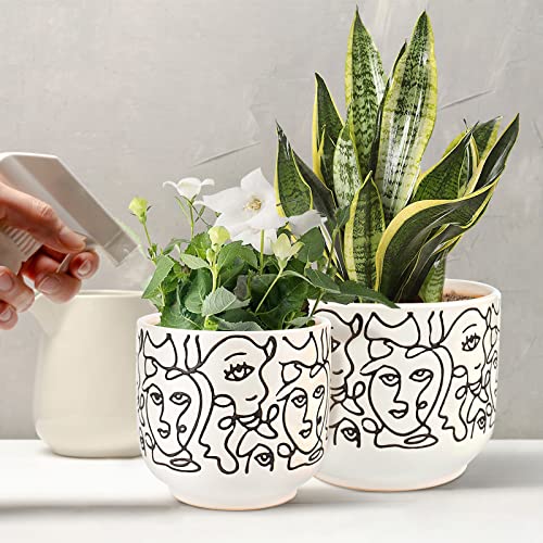 Gohearin Ceramic Planter - 6.6+5.4 Inch Flower Pot W/Drain Hole forIndoor or Outdoor, Gardening Decoration Gift -Face Image Flowerpot - Set of 2