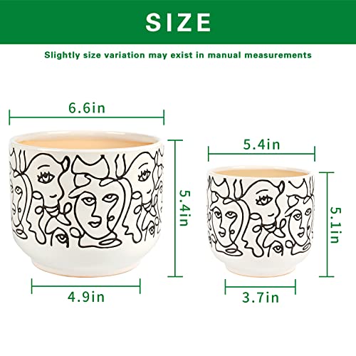 Gohearin Ceramic Planter - 6.6+5.4 Inch Flower Pot W/Drain Hole forIndoor or Outdoor, Gardening Decoration Gift -Face Image Flowerpot - Set of 2