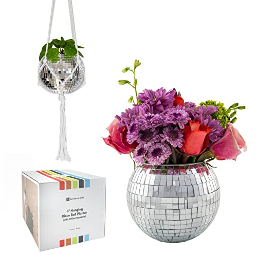 Havenstone Home Hanging Disco Ball Planter 6" with Flat Base - Includes Self-Watering Insert + White Cotton Macrame Plant Hanger- Indoor/Outdoor Plants, Home Décor & Room Décor with Cotton Rope