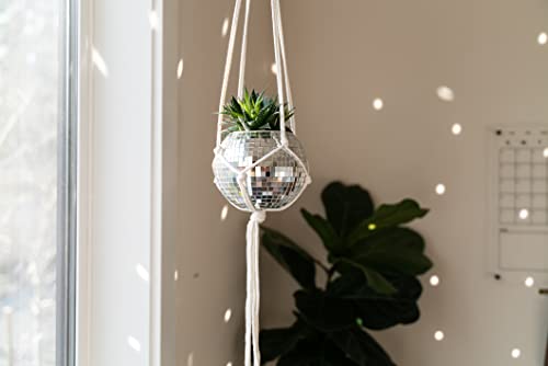 Havenstone Home Hanging Disco Ball Planter 6" with Flat Base - Includes Self-Watering Insert + White Cotton Macrame Plant Hanger- Indoor/Outdoor Plants, Home Décor & Room Décor with Cotton Rope