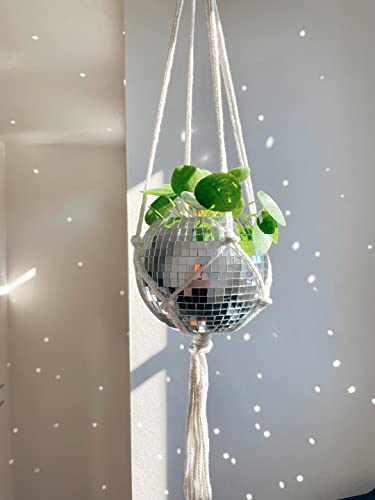 Havenstone Home Hanging Disco Ball Planter 6" with Flat Base - Includes Self-Watering Insert + White Cotton Macrame Plant Hanger- Indoor/Outdoor Plants, Home Décor & Room Décor with Cotton Rope