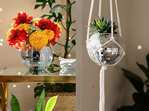 Havenstone Home Hanging Disco Ball Planter 6" with Flat Base - Includes Self-Watering Insert + White Cotton Macrame Plant Hanger- Indoor/Outdoor Plants, Home Décor & Room Décor with Cotton Rope