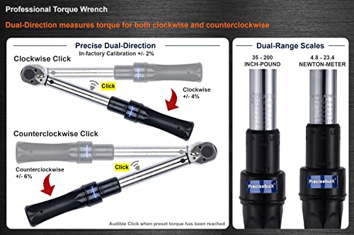 Precisebuilt 3/8" Drive 35-200 in-lb (4.8-23.4 Nm) Dual-Direction Click Professional Torque Wrench