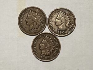 1901 p 1902 1903 indian head pennys three consecutive years all good or better penny seller good+