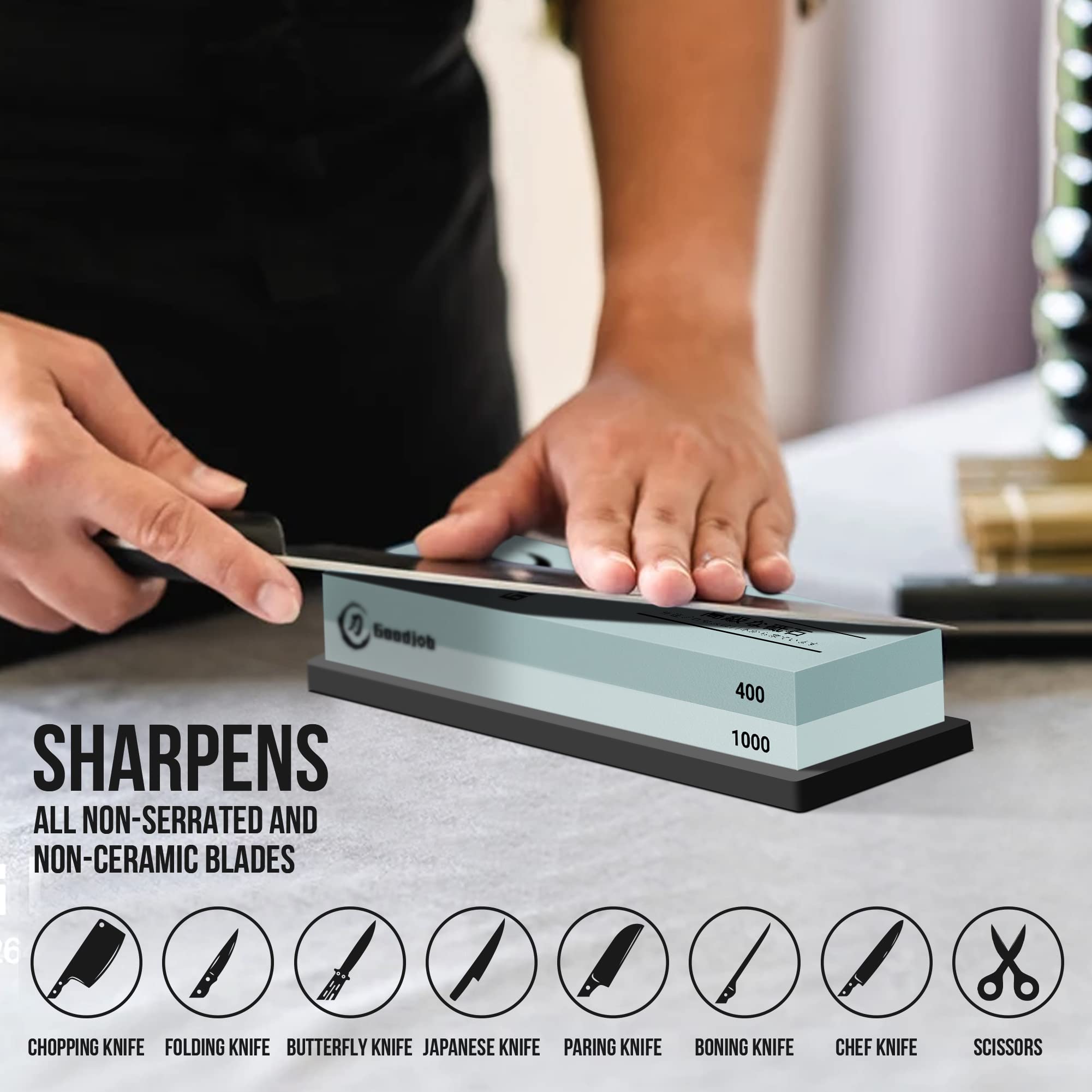 Knife Sharpening Stone Kit - Goodjob Premium Japanese Whetstone Knife Sharpener Stone Set - Dual Grit 400/1000 Water Stone with Non-Slip Silicone Base, Angle Guide, Flattening Stone