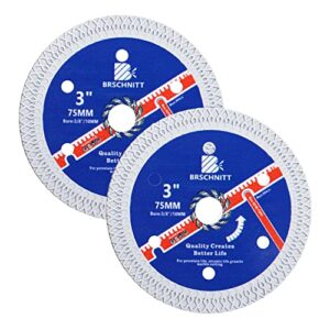 super thin diamond porcelain saw blade with x teeth,brschnitt 2pcs 3 inch (75mm) x arbor 3/8 inch (10mm) angle grinder diamond cutting disc for dry/wet cutting porcelain tile ceramic marble granite