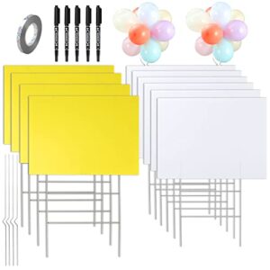10 pack blank yard signs with stakes 17x13 inch white yellow yard sale sign double size garden sign diy door signs with markers and balloons for party decorations, garage sale, guidepost, open house