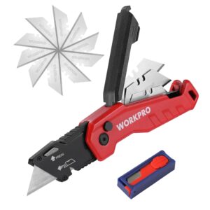 workpro folding utility knife, quick change box cutter, razor knife for cartons, cardboard, boxes, blade storage in aluminum handle, 13 extra blades included (red)