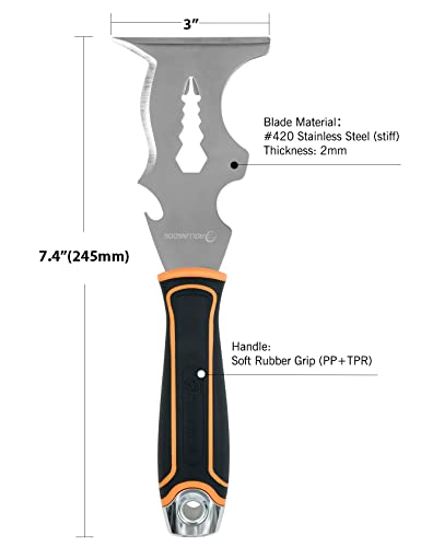 ROLLINGDOG 14 In 1 Painters Tool - Paint Scraper, Putty Knife Scraper Tool with Stainless Steel Blade, Soft Grip Handle and Metal Hammer End (3 Inches)