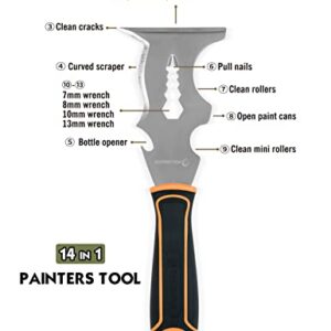 ROLLINGDOG 14 In 1 Painters Tool - Paint Scraper, Putty Knife Scraper Tool with Stainless Steel Blade, Soft Grip Handle and Metal Hammer End (3 Inches)