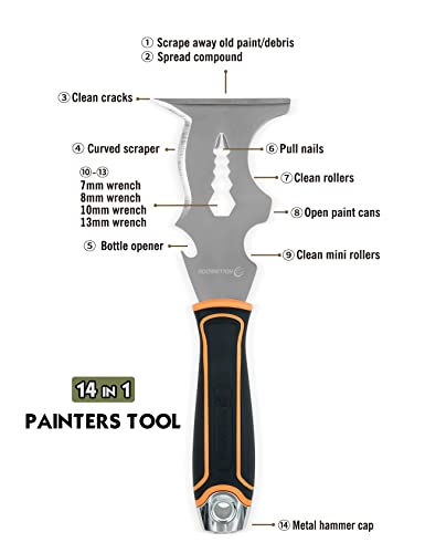 ROLLINGDOG 14 In 1 Painters Tool - Paint Scraper, Putty Knife Scraper Tool with Stainless Steel Blade, Soft Grip Handle and Metal Hammer End (3 Inches)