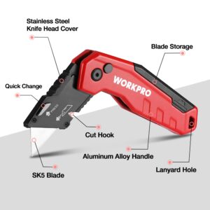 WORKPRO Folding Utility Knife, Quick Change Box Cutter, Razor Knife for Cartons, Cardboard, Boxes, Blade Storage in Aluminum Handle, 13 Extra Blades Included (Red)