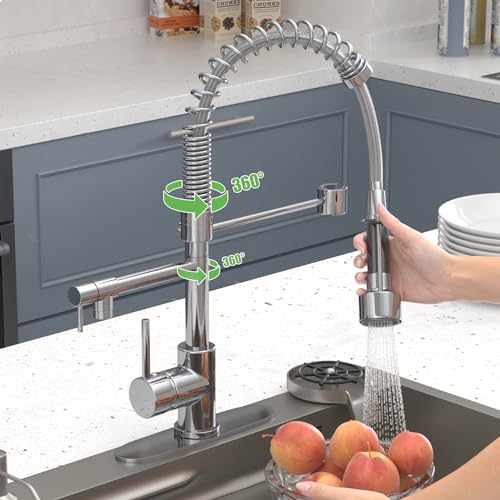 Geobella Kitchen Faucet with Pull Down Sprayer, Commercial Industrial Modern Single Handle Spring Copper Faucets for Kitchen Sink, Chrome