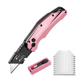 workpro folding utility knife, quick change sk5 pink box cutter, aluminum handle razor knife for boxes, cartons, cardboard, 10 extra blades included - pink ribbon
