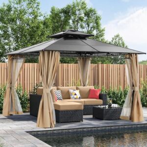 10x10 double roof hardtop patio gazebo with curtains and netting by abccanopy