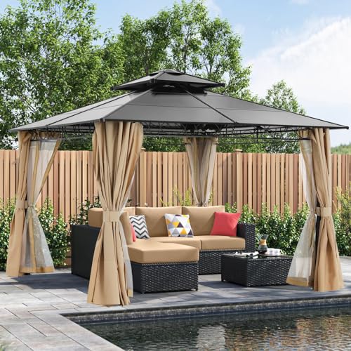 10x10 Double Roof Hardtop Patio Gazebo with Curtains and Netting by ABCCANOPY