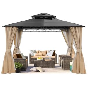 10x10 Double Roof Hardtop Patio Gazebo with Curtains and Netting by ABCCANOPY