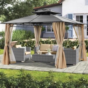 10x10 Double Roof Hardtop Patio Gazebo with Curtains and Netting by ABCCANOPY