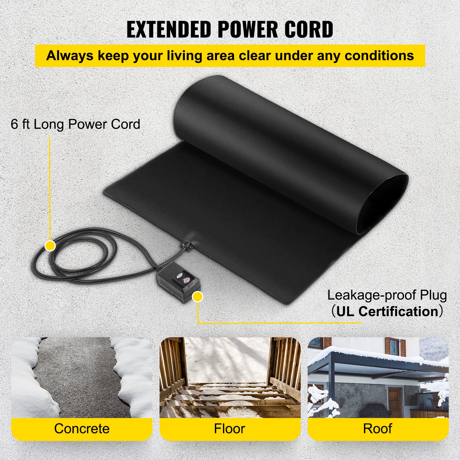 VEVOR, 40in x 60in Walkway, 120V Ice, PVC Heated 6ft Power Cord, Slip-Proof, Ideal Winter Outdoor Snow Mat, 2'' per Hour Melting Speed, Black