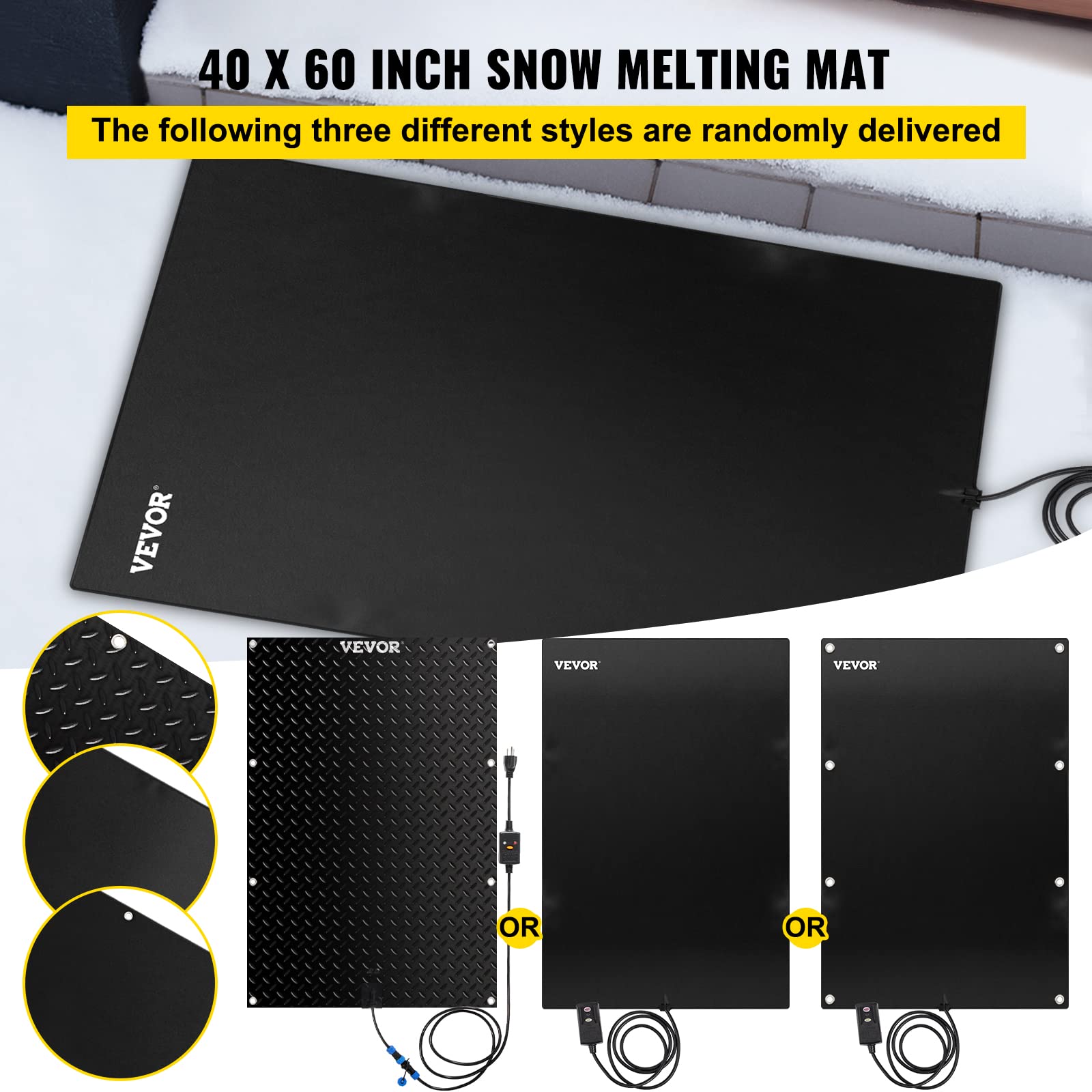 VEVOR, 40in x 60in Walkway, 120V Ice, PVC Heated 6ft Power Cord, Slip-Proof, Ideal Winter Outdoor Snow Mat, 2'' per Hour Melting Speed, Black