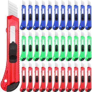 60 pack box cutter utility knife bulk 18 mm wide blade plastic cutter retractable compact extended safe use for office home arts crafts hobby, 3 colors