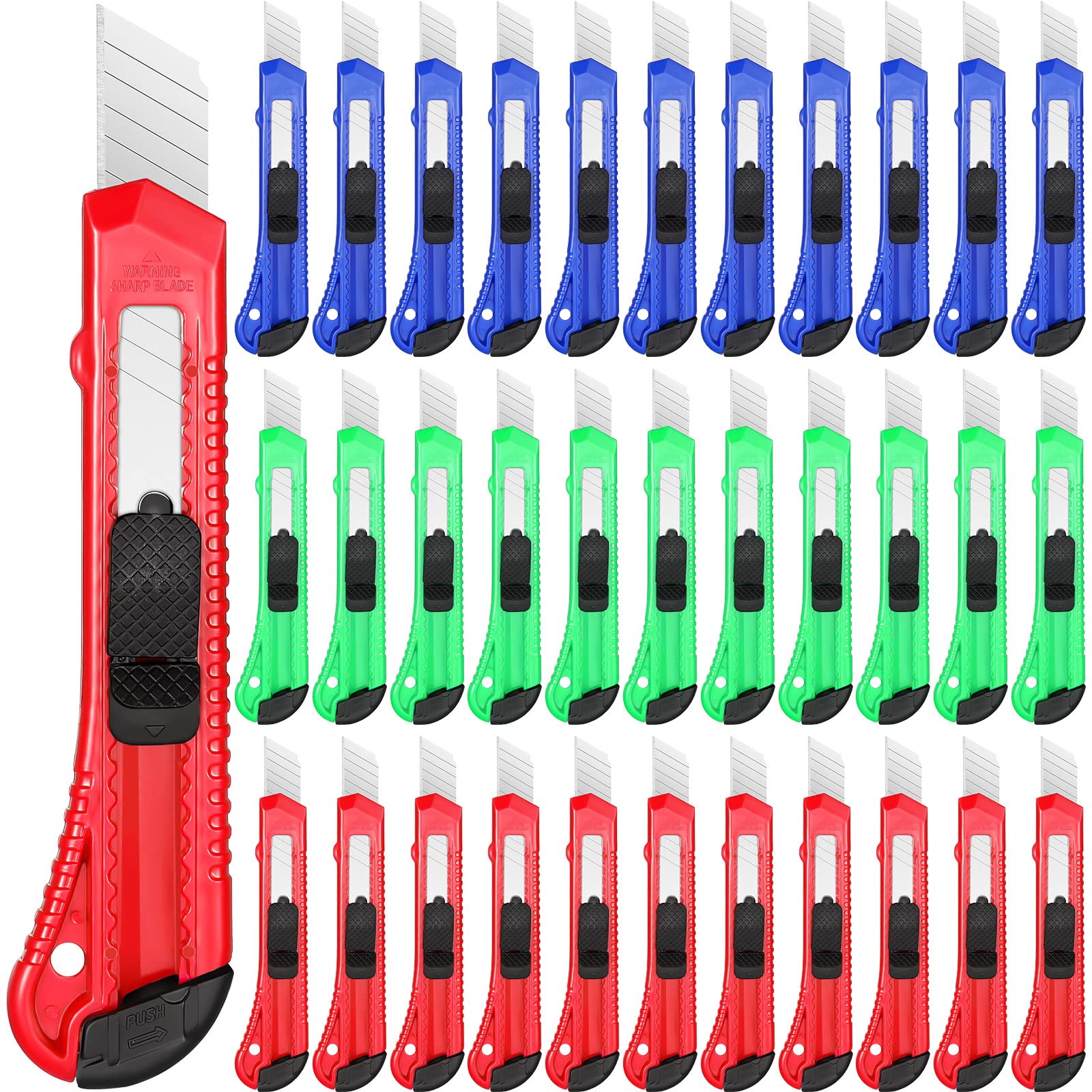 60 Pack Box Cutter Utility Knife Bulk 18 mm Wide Blade Plastic Cutter Retractable Compact Extended Safe Use for Office Home Arts Crafts Hobby, 3 Colors