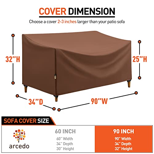 Arcedo Patio Sofa Cover, Waterproof Outdoor 3 Seater Couch Cover, Heavy Duty Outdoor Sofa Cover, Durable Windproof Patio Furniture Sectional Cover, 90W x 34D x 32 H Inch, Brown