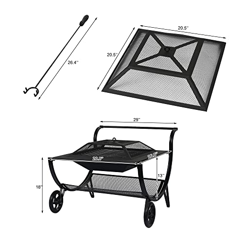Sundale Outdoor Fire Pits Outdoor Wood Burning with Wheels, 27 Inch Steel Square Firepit BBQ Grill, Grate, Spark Screen, Fire Poker, Portable Fire Pit for Outside Patio Backyard