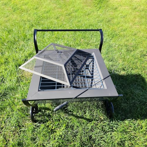 Sundale Outdoor Fire Pits Outdoor Wood Burning with Wheels, 27 Inch Steel Square Firepit BBQ Grill, Grate, Spark Screen, Fire Poker, Portable Fire Pit for Outside Patio Backyard