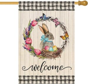 baccessor tulip wreath welcome garden flag double sided buffalo plaid easter egg cute bunny rabbit yard flag for spring holiday outdoor outside decoration 28x40 inch