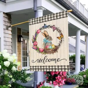 Baccessor Tulip Wreath Welcome Garden Flag Double Sided Buffalo Plaid Easter Egg Cute Bunny Rabbit Yard Flag for Spring Holiday Outdoor Outside Decoration 28x40 Inch