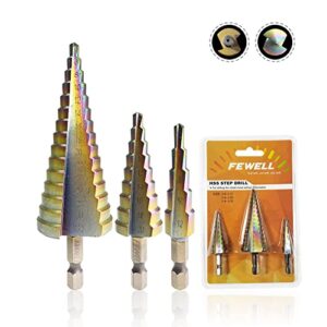 fewell m2 titanium step drill bits 3 pieces,straight flute step bit（4mm—12/20/32mm),hex shank unibit for metal, wood, stainless steel, plastic（29 size）