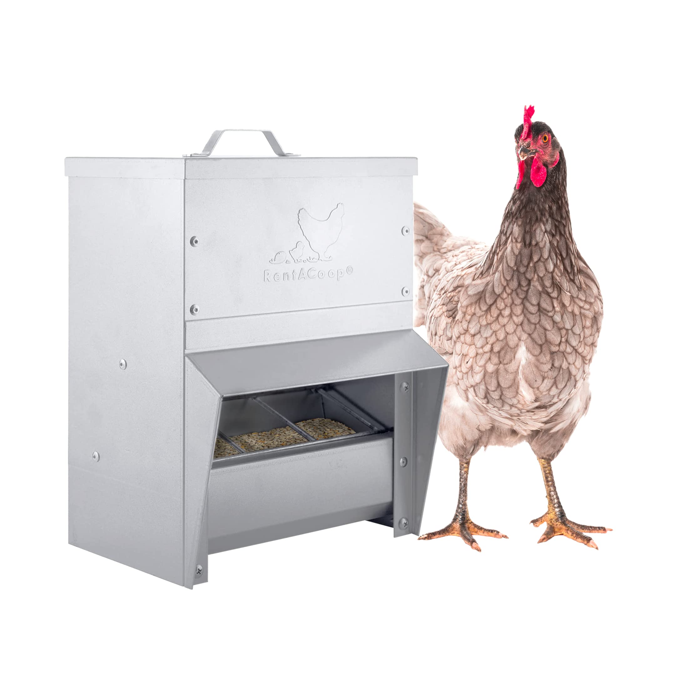 RENTACOOP Galvanized Chicken Trough Feeder, Weatherproof Poultry Food Dispenser with Lid,10LB Capacity