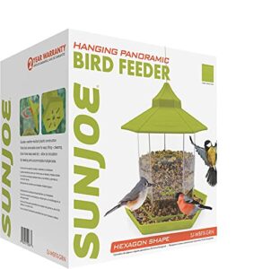 sun joe sj-wbfx-grn wild bird hanging feeder, w/roof and hexagonal shape, for outdoor garden & yard decoration, 2.15 lbs bird seed & nut capacity
