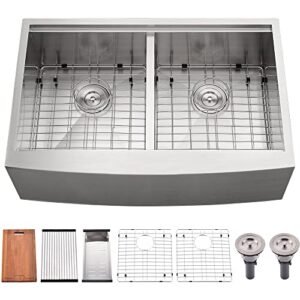33 inch double bowl farmhouse sink workstation-bokaiya 33x22 stainless steel double bowl kitchen sink apron front sink 16 gauge deep 50/50 low divide farm sink with cutting board