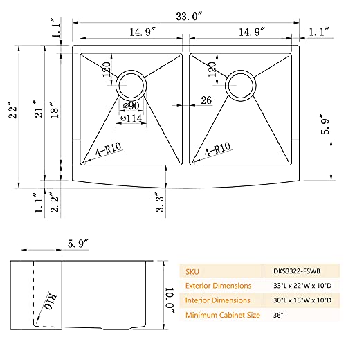 33 Inch Double Bowl Farmhouse Sink Workstation-Bokaiya 33x22 Stainless Steel Double Bowl Kitchen Sink Apron Front Sink 16 Gauge Deep 50/50 Low Divide Farm Sink with Cutting Board