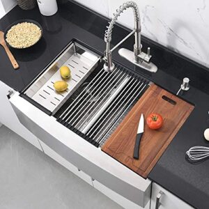 33 Inch Double Bowl Farmhouse Sink Workstation-Bokaiya 33x22 Stainless Steel Double Bowl Kitchen Sink Apron Front Sink 16 Gauge Deep 50/50 Low Divide Farm Sink with Cutting Board